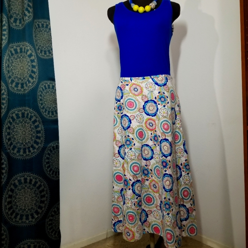 Christopher & Banks Linen Blue Blush Aqua Floral Midi Skirt size 12